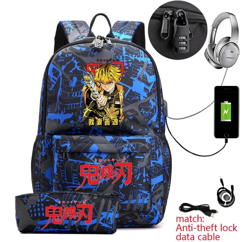 Demon Slayer Zenitsu Anime Print Anti-Theft School Backpack with Pencil Case for Boys Teen Students Lightweight Durable