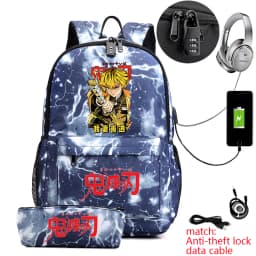 Demon Slayer Zenitsu Anime Print Anti-Theft School Backpack with Pencil Case for Boys Teen Students Lightweight Durable