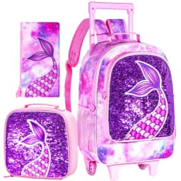 Rolling Backpack for Girls, Roller Wheels Kids Bookbag - Wheeled Suitcase Elementary Sequin School Bag - 3PCS Mermaid