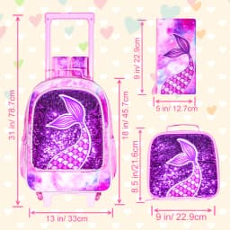 Rolling Backpack for Girls, Roller Wheels Kids Bookbag - Wheeled Suitcase Elementary Sequin School Bag - 3PCS Mermaid