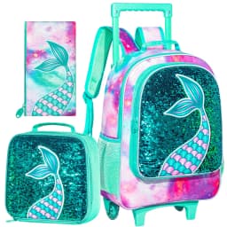 Rolling Backpack for Girls, Roller Wheels Kids Bookbag - Wheeled Suitcase Elementary Sequin School Bag - 3PCS Mermaid