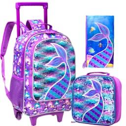 Rolling Backpack for Girls, Roller Wheels Kids Bookbag - Wheeled Suitcase Elementary Sequin School Bag - 3PCS Mermaid