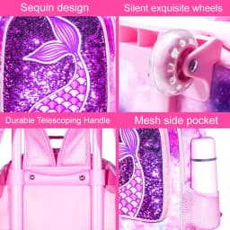 Rolling Backpack for Girls, Roller Wheels Kids Bookbag - Wheeled Suitcase Elementary Sequin School Bag - 3PCS Mermaid