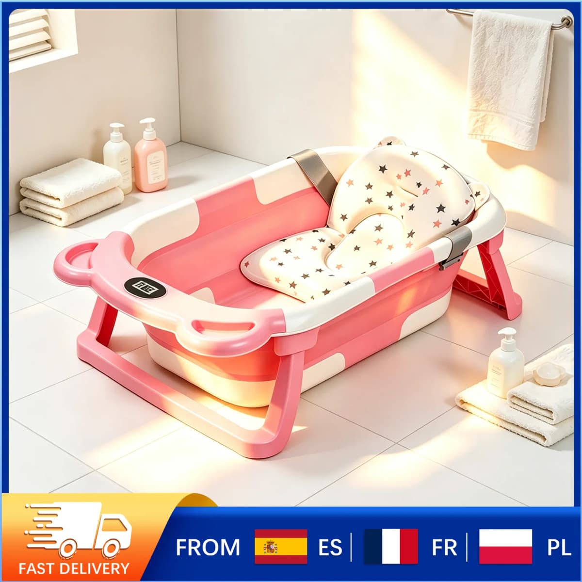 Baby Bathtub Foldable Portable Infant Bath Tub Heat-resistant Baby-safe Material Anti-slip Base with Water Temperature Monitor for Bathroom