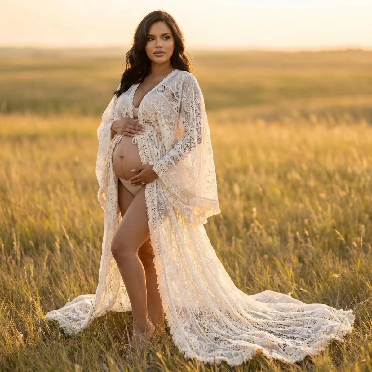 Boho Style Tassels Beige Lace Maternity Photo Shoot Long Dress Bohemian Pregnancy Photography Props Dress