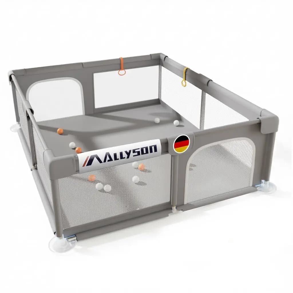 AllysonยฎPlaypen & run grille baby (Gray, 130x130cm) | tools-free set up in minutes, metal frame, 210D Oxford fabric, tilt-proof & non-slip travel playpen