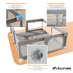 AllysonยฎPlaypen & run grille baby (Gray, 130x130cm) | tools-free set up in minutes, metal frame, 210D Oxford fabric, tilt-proof & non-slip travel playpen