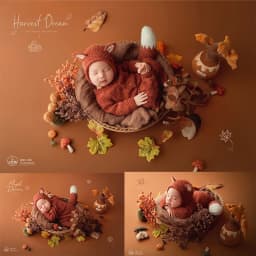 Newborn Photography Props for Baby Photoshoot Fall Season Theme Set Handmade Knitted Fox Outfit with Backdrop Maple Leaves Decor