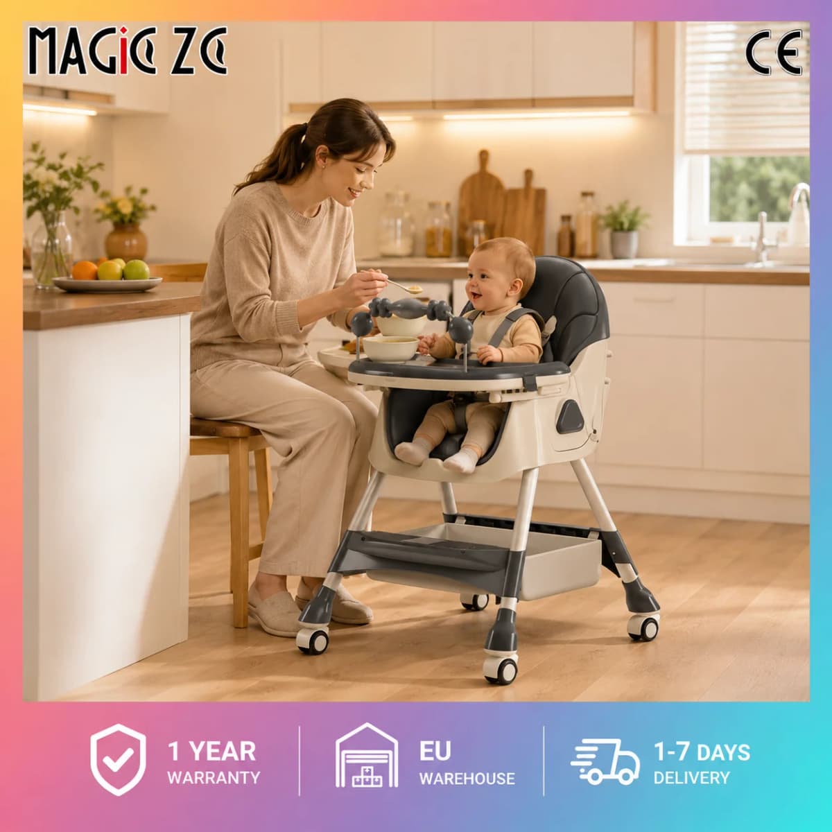 2-in-1 Detachable Baby High Chair and Rocking Horse , Converts from Dining Seat to Toddler Low Chair and Rocker, 4-Position Reclining Backrest, Double Tray, Toy Rack, Storage Basket, Footrest, 33cm Wide Seat, 150lbs Capacity