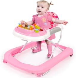 2 in 1 Foldable Baby Walker, Height Adjustable Walker with Music and Lights, Converts to Baby Push Along Walker and Kids Feeding