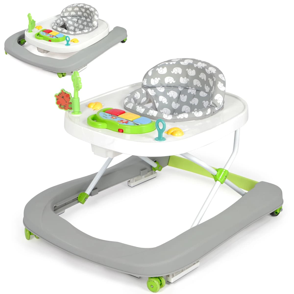 2 in 1 Foldable Baby Walker, Height Adjustable Walker with Music and Lights, Converts to Baby Push Along Walker and Kids Feeding