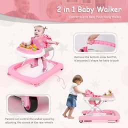 2 in 1 Foldable Baby Walker, Height Adjustable Walker with Music and Lights, Converts to Baby Push Along Walker and Kids Feeding