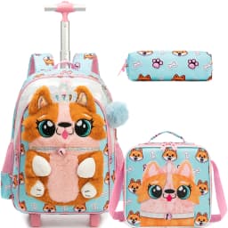 Meetbelify Rolling Backpack for Girls 3D Cartoon Plush Wheeled School Bag with Lunch Box Pencil Case Ages 6-8