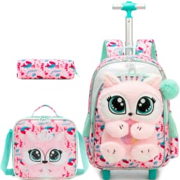 Meetbelify Rolling Backpack for Girls 3D Cartoon Plush Wheeled School Bag with Lunch Box Pencil Case Ages 6-8