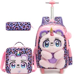 Meetbelify Rolling Backpack for Girls 3D Cartoon Plush Wheeled School Bag with Lunch Box Pencil Case Ages 6-8