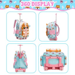 Meetbelify Rolling Backpack for Girls 3D Cartoon Plush Wheeled School Bag with Lunch Box Pencil Case Ages 6-8
