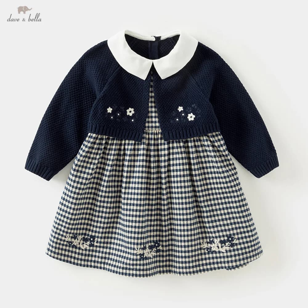 Dave Bella Girls' Sweater Dress Gentle Cute Children 's Plaid Fake Two Piece Baby Long Sleeve Dress Outdoor Party DB3242272
