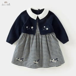 Dave Bella Girls' Sweater Dress Gentle Cute Children 's Plaid Fake Two Piece Baby Long Sleeve Dress Outdoor Party DB3242272
