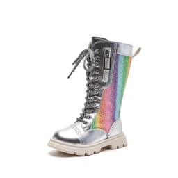 Girls Boots Autumn and Winter 2023 New Kids High Boots Unique Little Princess Plus-Velvet Colorful Child Fashion Glossy Silver