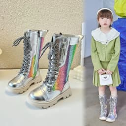 Girls Boots Autumn and Winter 2023 New Kids High Boots Unique Little Princess Plus-Velvet Colorful Child Fashion Glossy Silver