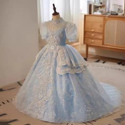 Blue High Collar Puff Sleeve Dresses For Girls Exquisite Glitter Sequins Beads Princess Gown Piano Performance Birthday Party