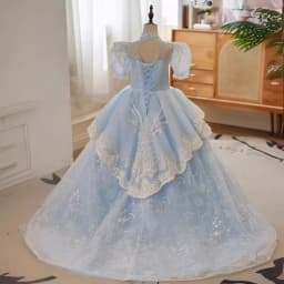 Blue High Collar Puff Sleeve Dresses For Girls Exquisite Glitter Sequins Beads Princess Gown Piano Performance Birthday Party