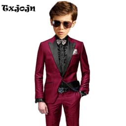 Burgundy Boys Slim Fit Tuxedo 2 Pieces Jacket Pants Formal Party Outfit One Button Peak Lapel Kids Suit Set Wedding Guest Wear