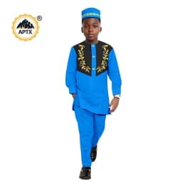 African Clothes for Boy Dashiki Children Appliques Top Shirt and Pant Sets Match Hat Cap Bazin Riche Kid Muslim Outfits 2446042