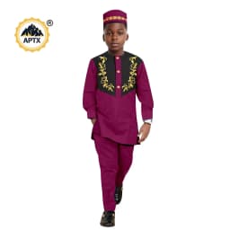 African Clothes for Boy Dashiki Children Appliques Top Shirt and Pant Sets Match Hat Cap Bazin Riche Kid Muslim Outfits 2446042