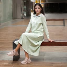 Women's Set Top Tee and Skirt Long Sleeves Square Neck with String for Lady Clothes Cotton French Terry Material Size XS-XXXL