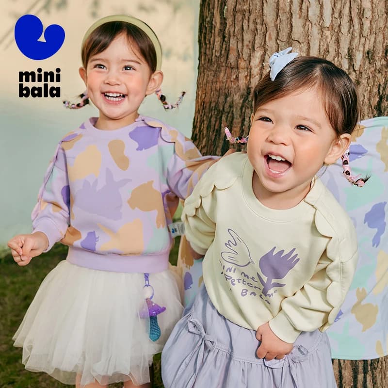 Mini Bala Girls' Ruffled Sweatshirt New Spring Version Skin-friendly, Soft, Elastic, Cute and Versatile Top