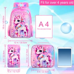 3PCS Unicorn Backpack for Girls, 16" Sequin Kids Bookbag and Lunch Box, Preschool Backpacks for Elementary.