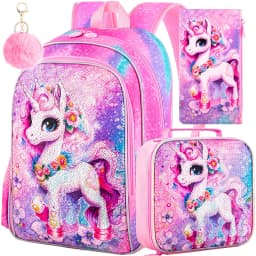 3PCS Unicorn Backpack for Girls, 16" Sequin Kids Bookbag and Lunch Box, Preschool Backpacks for Elementary.
