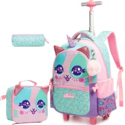 Girls Rolling Backpack with Lunch Box School Backpacks with Wheels 16.5" Roller Backpack for Girls, 3pcs Kids Wheeled Bookbag