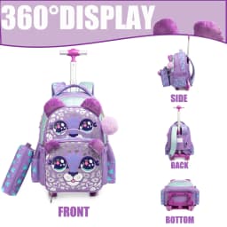 Girls Rolling Backpack with Lunch Box School Backpacks with Wheels 16.5" Roller Backpack for Girls, 3pcs Kids Wheeled Bookbag