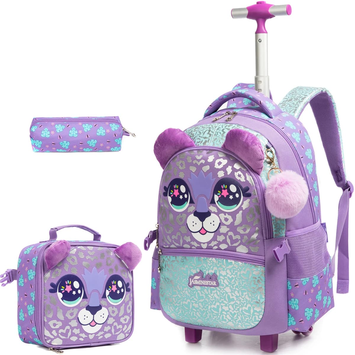 Girls Rolling Backpack with Lunch Box School Backpacks with Wheels 16.5" Roller Backpack for Girls, 3pcs Kids Wheeled Bookbag