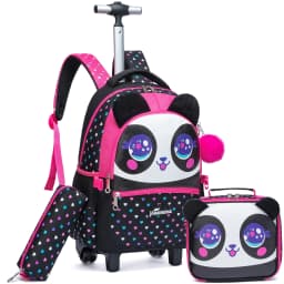 Girls Rolling Backpack with Lunch Box School Backpacks with Wheels 16.5" Roller Backpack for Girls, 3pcs Kids Wheeled Bookbag
