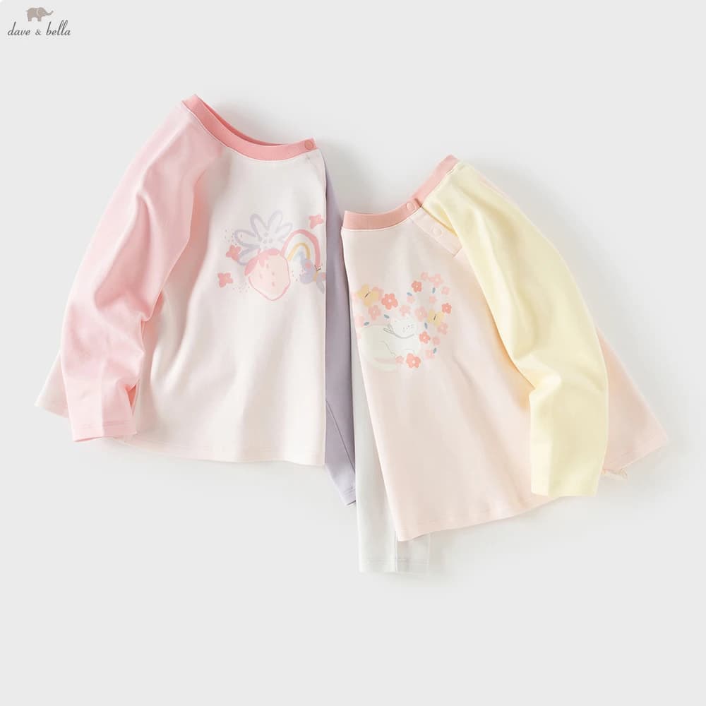 Dave Bella Children Long Sleeve Printed T-shirts Girls Sweet Spring Autumn Pullover Tops Baby Cotton Bottoming Clothes DB1261047