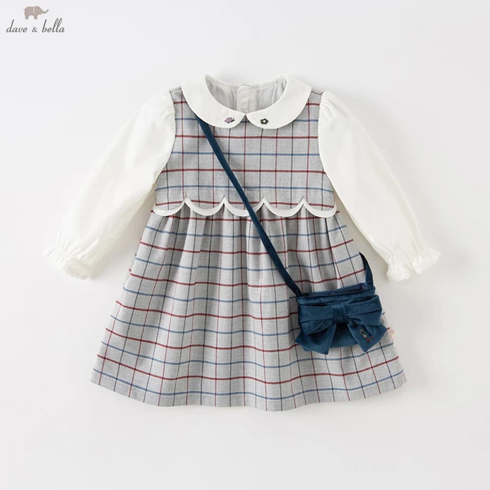 Dave Bella Girls' Plaid Long Sleeve Autumn Spring Dress Children Cute Winter Bottom Dress Casual Party Clothes DB3222818