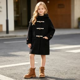 Winter Warm Wool Duffle Coat for Girls Hooded Mid Length Horn Toggle Button Windproof Casual Daily Outer Overcoat 2-14Y Teen