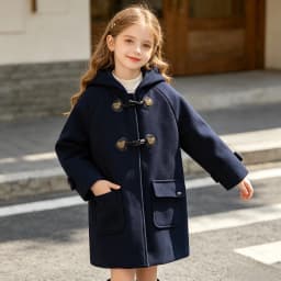 Winter Warm Wool Duffle Coat for Girls Hooded Mid Length Horn Toggle Button Windproof Casual Daily Outer Overcoat 2-14Y Teen