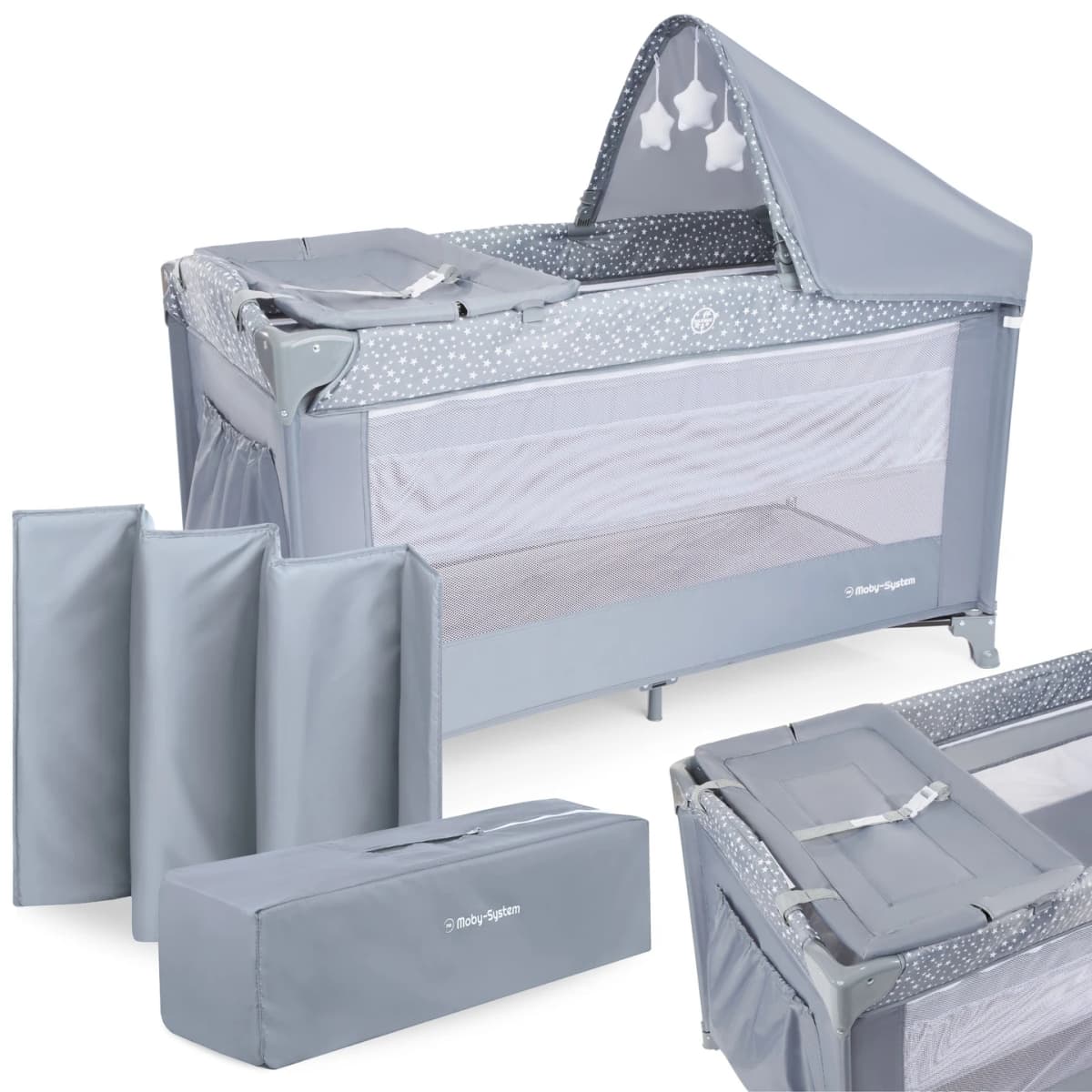 Moby-System Travel Cot Playpen 2 Levels with Changing Table Canopy Mattress for Baby Happy Traveller Basic Plus
