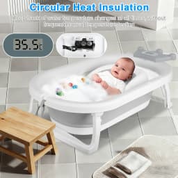 Foldable Bathtub Suitable for Babies 0-36 Months, Ergonomic and Space-Saving, with Water Thermometer, Seat, Bath Cap, 82 X 43 X 20 Cm, Grey, Bear/Crown/Rabbit/Leaf