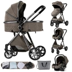 Light Baby Stroller 3-in-1 Baby Pram Can Sit and Recline With Car Seat Foldable Baby Pushchair Newborn Travel System for Air Travel and Long trip With Storage Basket Baby Buggy High landscape Baby Carrige