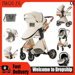 Light Baby Stroller 3-in-1 Baby Pram Can Sit and Recline With Car Seat Foldable Baby Pushchair Newborn Travel System for Air Travel and Long trip With Storage Basket Baby Buggy High landscape Baby Carrige