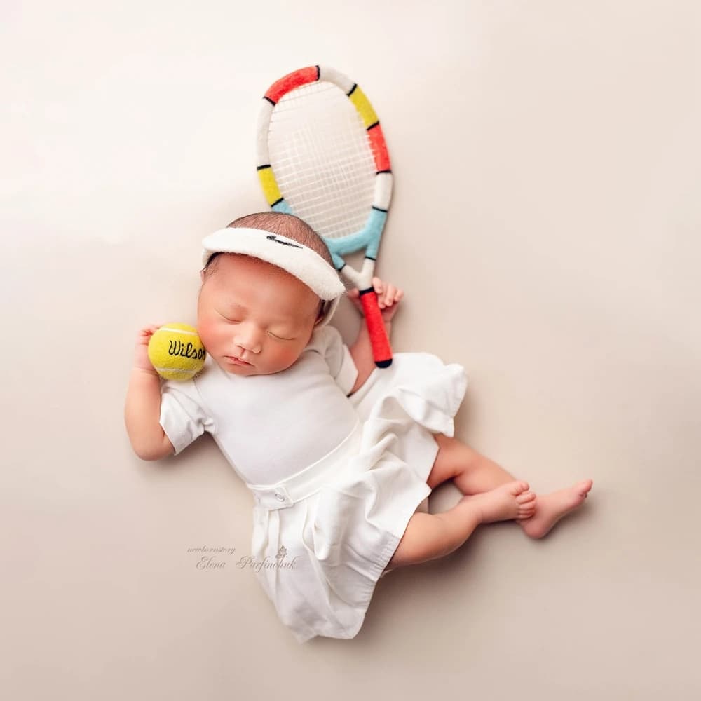 Newborn Photography Props Baby White Tennis Ruffle Dress Top Skirt Set Infant Photo Shoot Outfit Sports Theme Princess Clothes