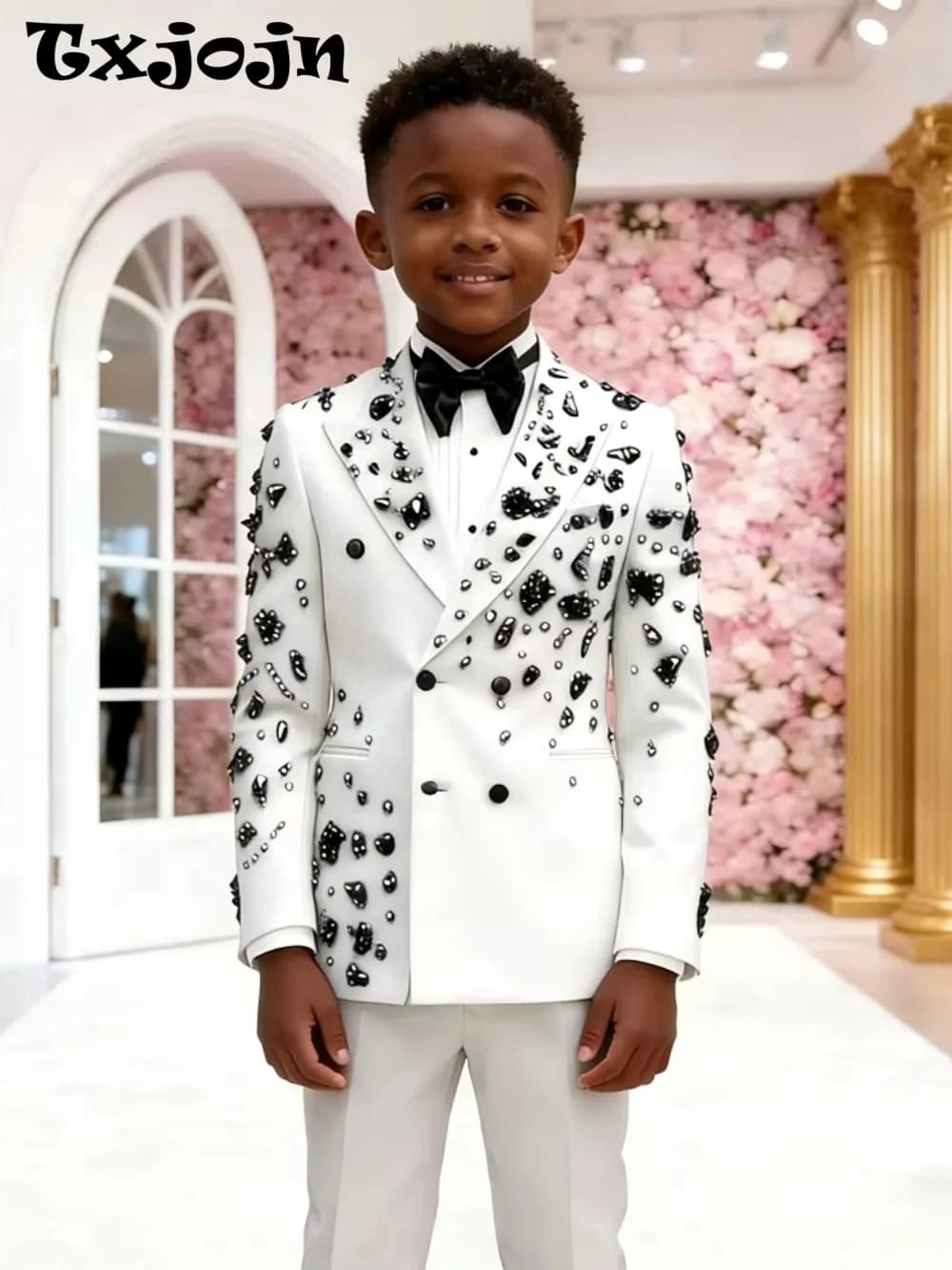 Txjojn Luxurious Boys Beaded Suits 2 Pieces Wedding Guest Clothes Classic Peak Lapel Kids Tuxedo Birthday Formal Party Wear