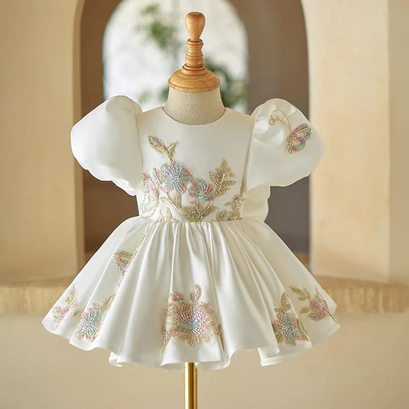 Baby Girl Birthday Party Infant Princess Dress Clothes Kids Flower Girl Wedding Host White Tutu Short Sleeve Costume Children