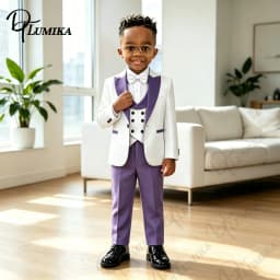 Elegant Jacquard Pattern Boys 4Pcs Suit Set 2026 Purple Lapel Blazer Pants Bowtie Formal Outfit For Toddler Kids Wedding Prom