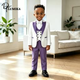 Elegant Jacquard Pattern Boys 4Pcs Suit Set 2026 Purple Lapel Blazer Pants Bowtie Formal Outfit For Toddler Kids Wedding Prom